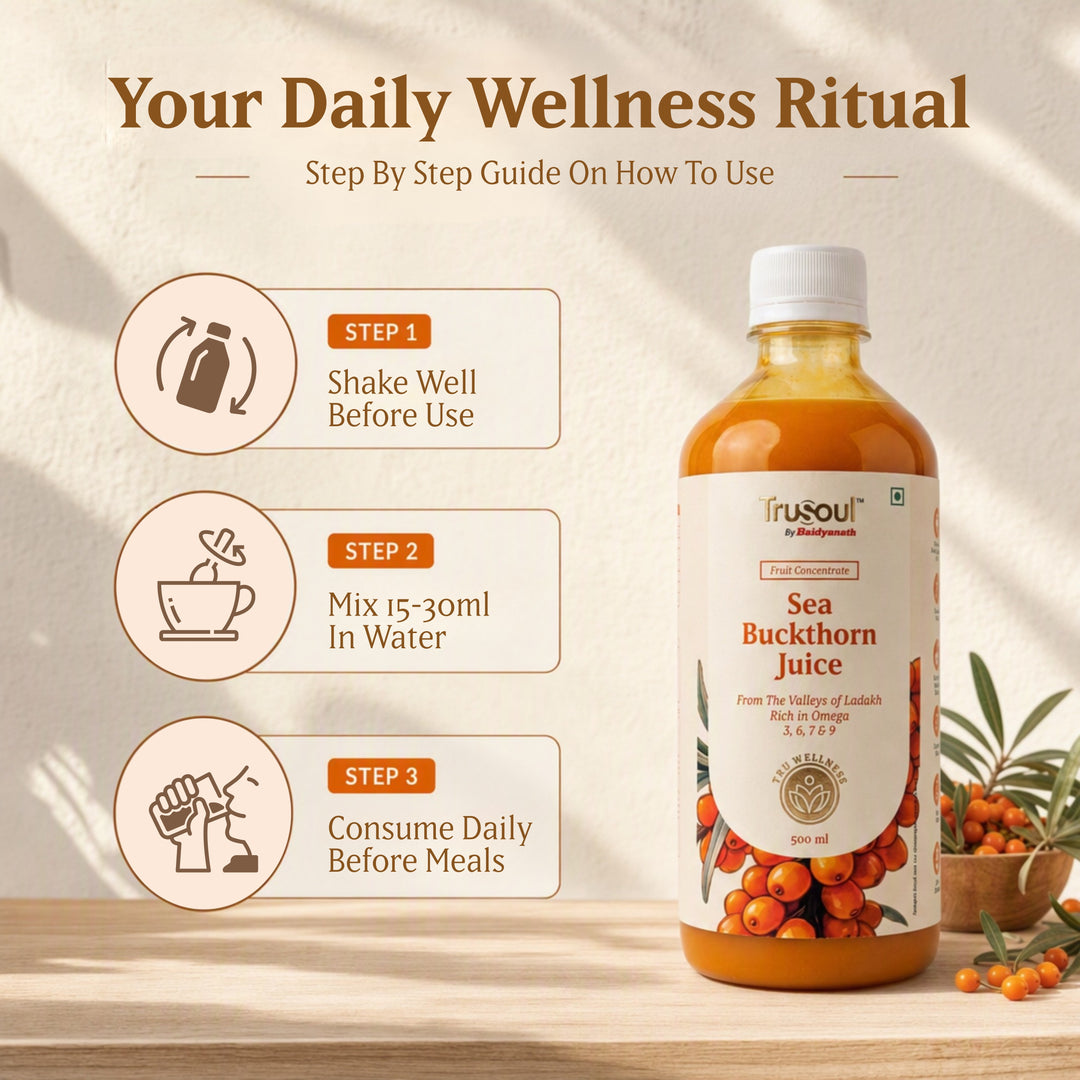 Baidyanath Sea Buckthorn Juice 500ml | Himalayan Ladakh Berry Fruit Pulp Concentrate | Rich in Omega 3, 6, 7 & 9