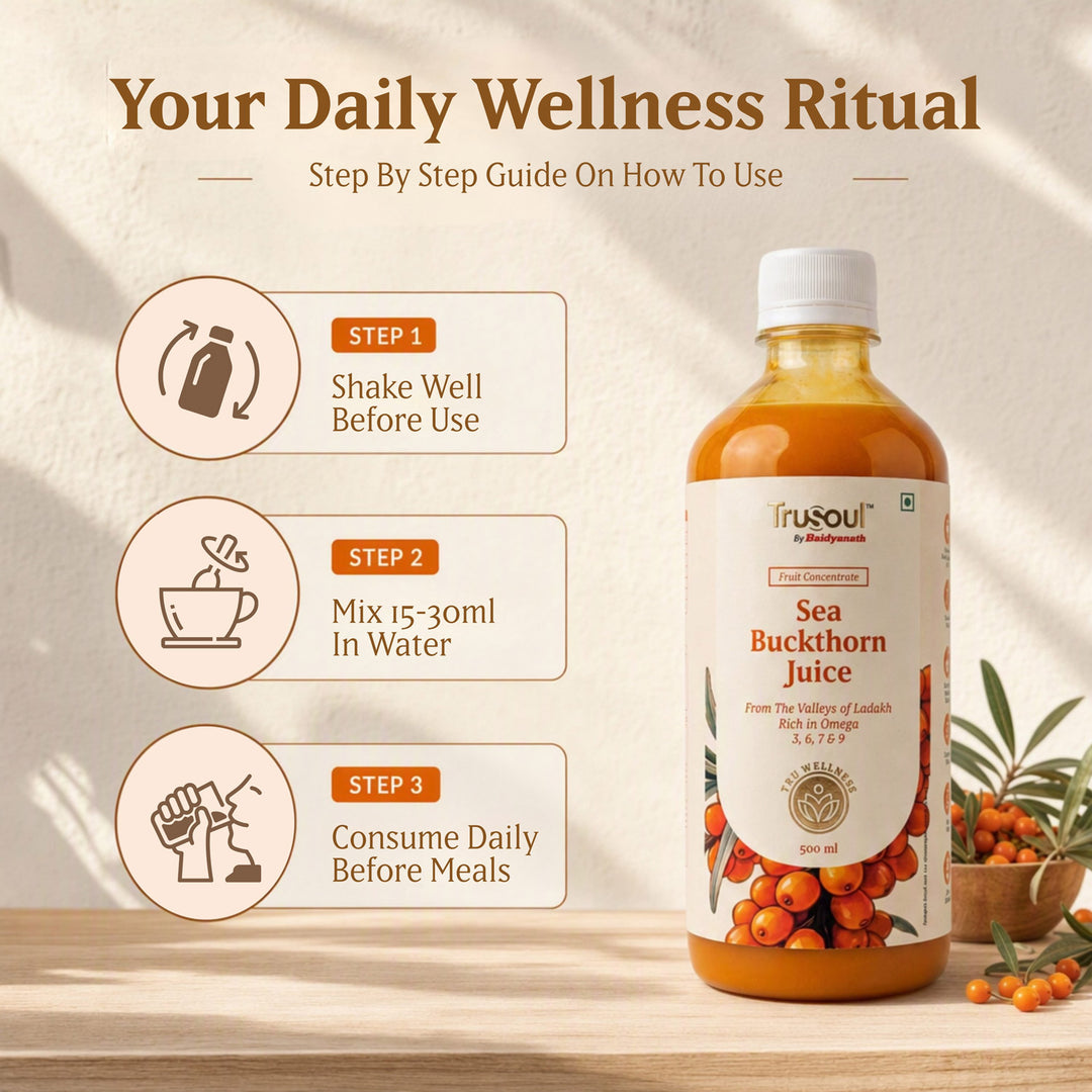 Baidyanath Sea Buckthorn Juice 500ml | Himalayan Ladakh Berry Fruit Pulp Concentrate | Rich in Omega 3, 6, 7 & 9