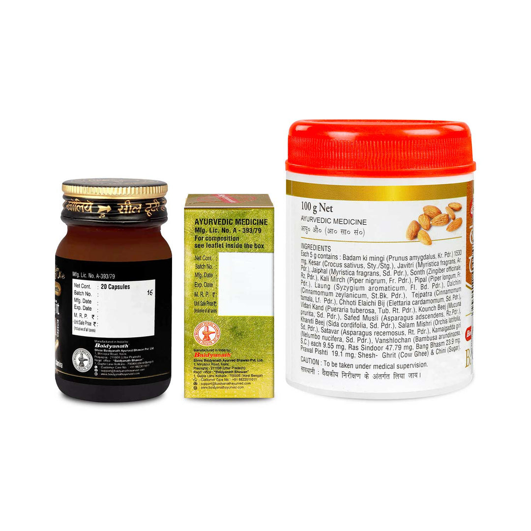 Baidyanath Sexual Well being Combo Badam Pak-100G | Siddh Makardhwaj-10 TB | Shilajeet Gold-10 Cap