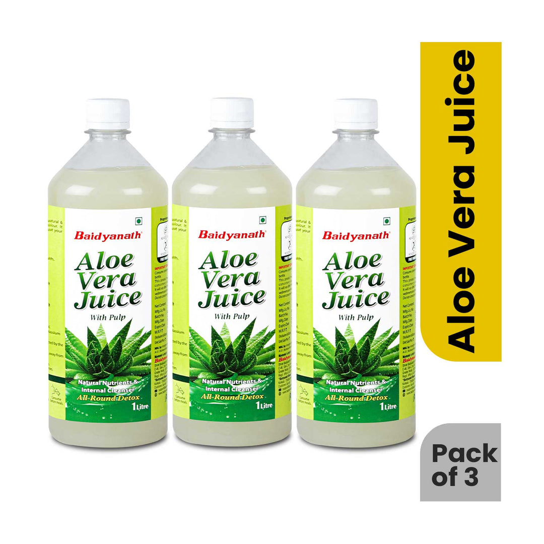 Baidyanath Aloe Vera Juice Pack of 3 - 1 Litre Bottles with Pulp for Natural Detox and Internal Cleansing.