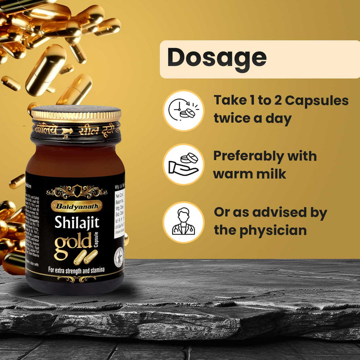 Baidyanath Shilajit Gold Capsules bottle with dosage instructions: take 1-2 capsules twice a day, preferably with warm milk, or as advised by a physician, for extra strength and stamina.