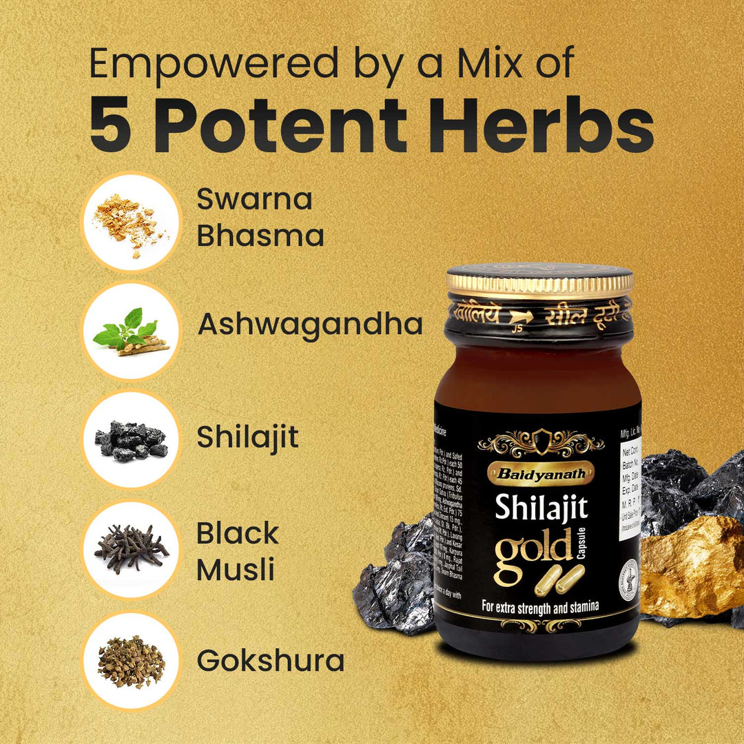 Baidyanath Shilajit Gold Capsules bottle with a list of 5 potent herbs — Swarna Bhasma, Ashwagandha, Shilajit, Black Musli, and Gokshura — known for boosting strength, stamina, and vitality.