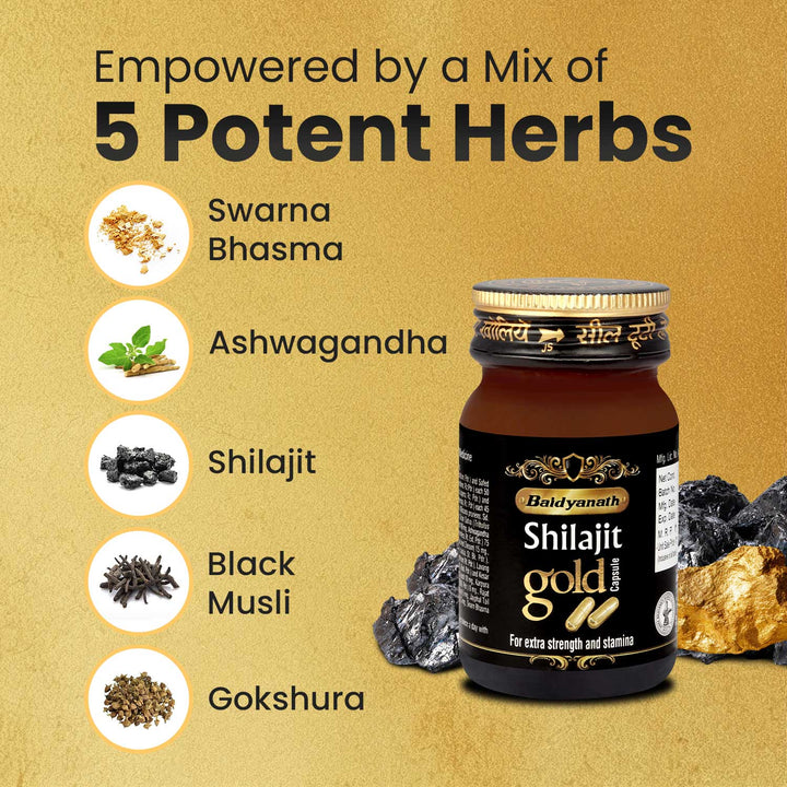 Baidyanath Shilajit Gold Capsules bottle with a list of 5 potent herbs — Swarna Bhasma, Ashwagandha, Shilajit, Black Musli, and Gokshura — known for boosting strength, stamina, and vitality.