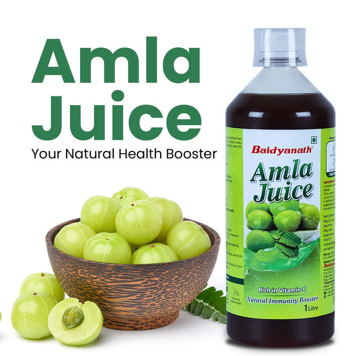 Baidyanath amla juice bottle with amla in bowl