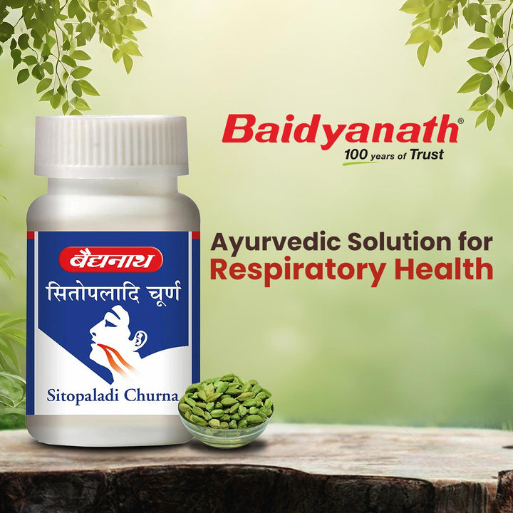  Baidyanath Sitopaladi Churna bottel and full of bowl elaichi tagline highlight ayurvedic solution for respiratory health, with logo