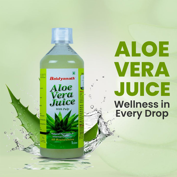 Baidyanath Aloe Vera Juice bottle with pulp, featuring a green label with aloe vera leaves. Text on the image highlights its benefits as a natural nutrient source and internal cleanser for detox. Background includes aloe vera plant visuals and water splash.