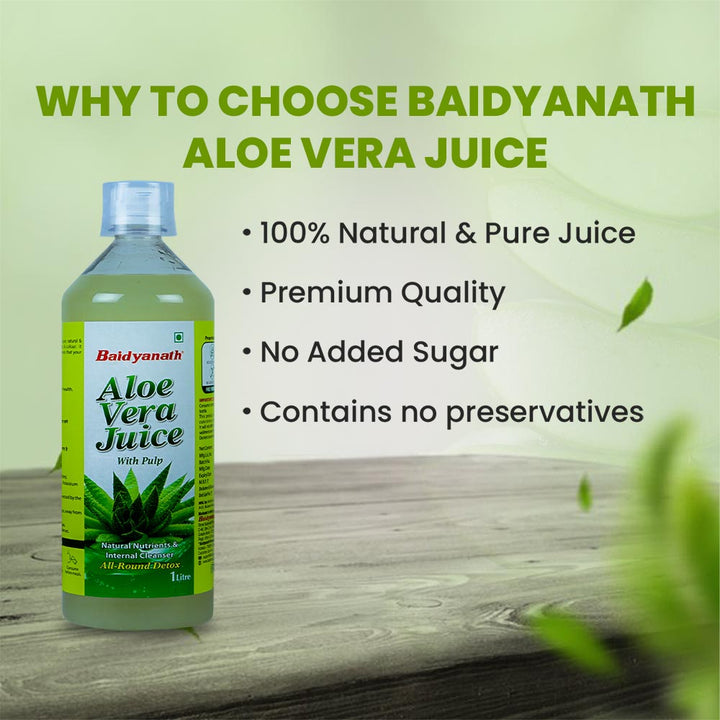 Baidyanath Aloe Vera Juice bottle with key features highlighted. The image lists benefits such as 100% natural and pure juice, premium quality, no added sugar, and no preservatives. The background has a natural green theme.
