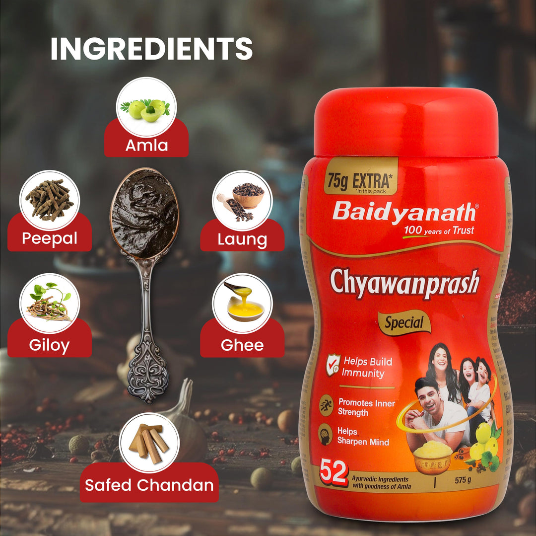 Baidyanath Chyawanprash  box with its key ingredients icons.