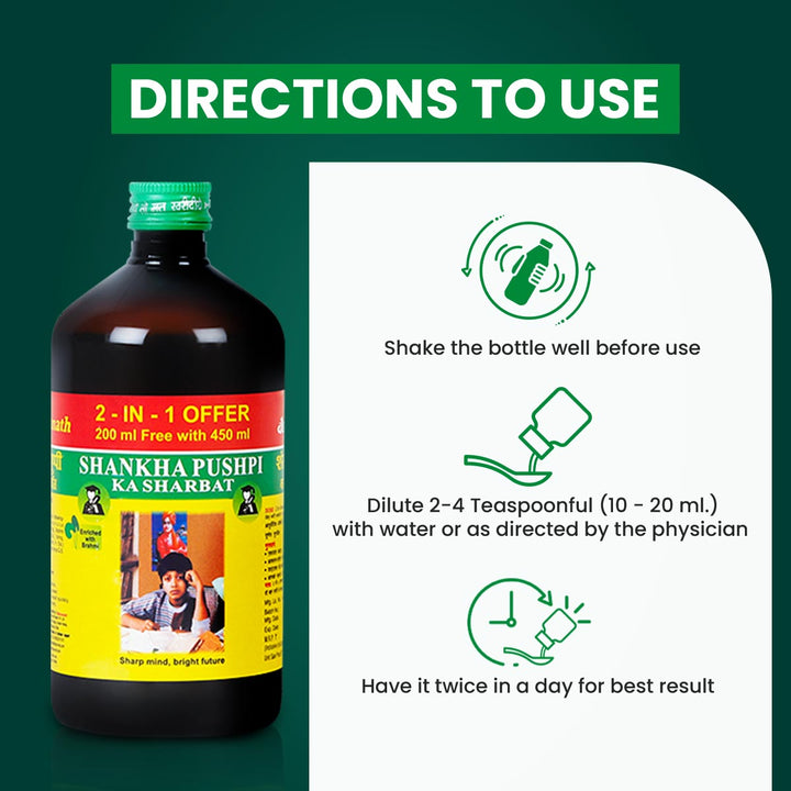 Baidyanath Shankhapushpi Sharbat bottle and directions to use icon.