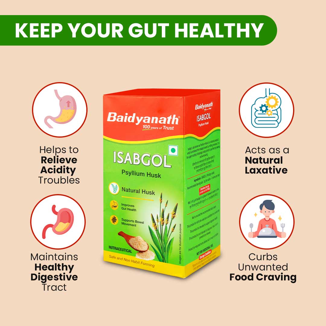 Keep Your Gut Healthy with Baidyanath Isabgol – Natural Psyllium Husk that helps relieve acidity, maintain a healthy digestive tract, acts as a natural laxative, and curbs unwanted food cravings. Improves gut health and supports bowel movement.