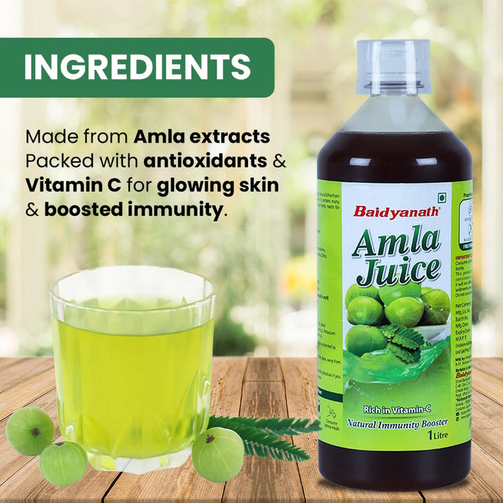 Baidyanath amla juice bottle and ingredients,  amla juice in glass