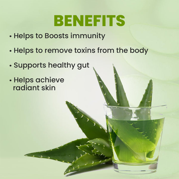 Benefits of Aloe Vera Juice displayed on a green-themed background. A glass filled with aloe vera juice and fresh aloe vera leaves is shown. Text highlights benefits such as boosting immunity, detoxifying the body, supporting gut health, and promoting radiant skin.