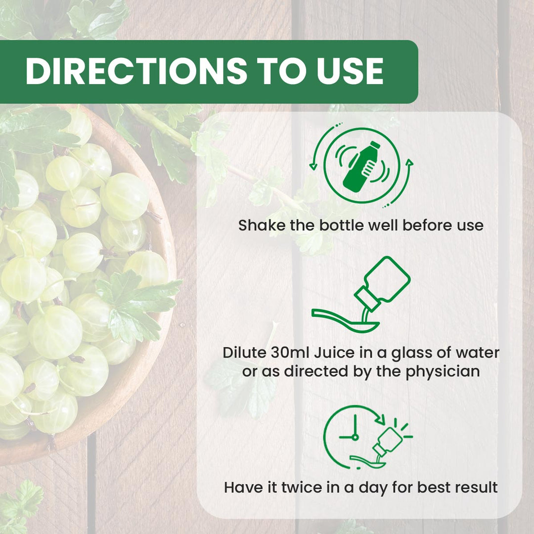 Directions to use amla juice (shake the bottle well before use, dilute 30ml juice in a glass of water, have it twice in a day)