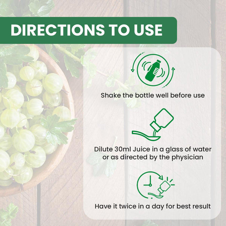 Directions to use amla juice (shake the bottle well before use, dilute 30ml juice in a glass of water, have it twice in a day)