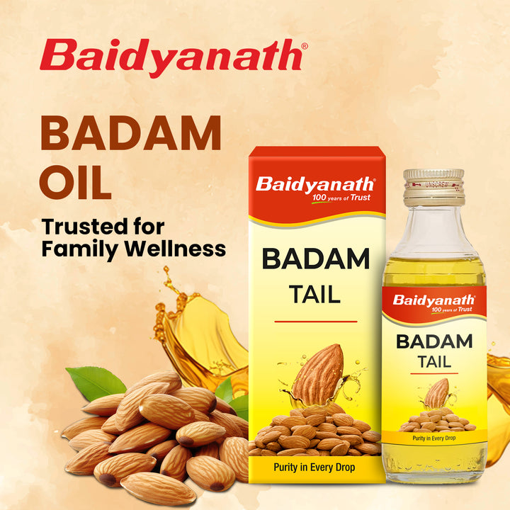 Baidyanath Badam tail box and bottle with almonds placed around, creating a wave of oil. The tagline highlights 'Badam Oil, trusted for family wellness.