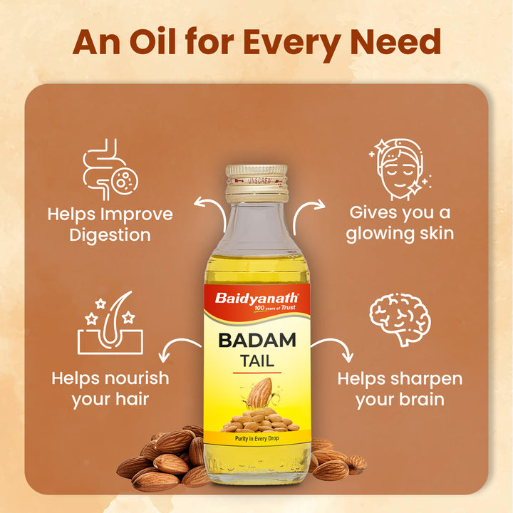 Baidyanath Badam tail showcasing its benefits with the tagline 'An oil for every need,' emphasizing its versatility and effectiveness for overall wellness.