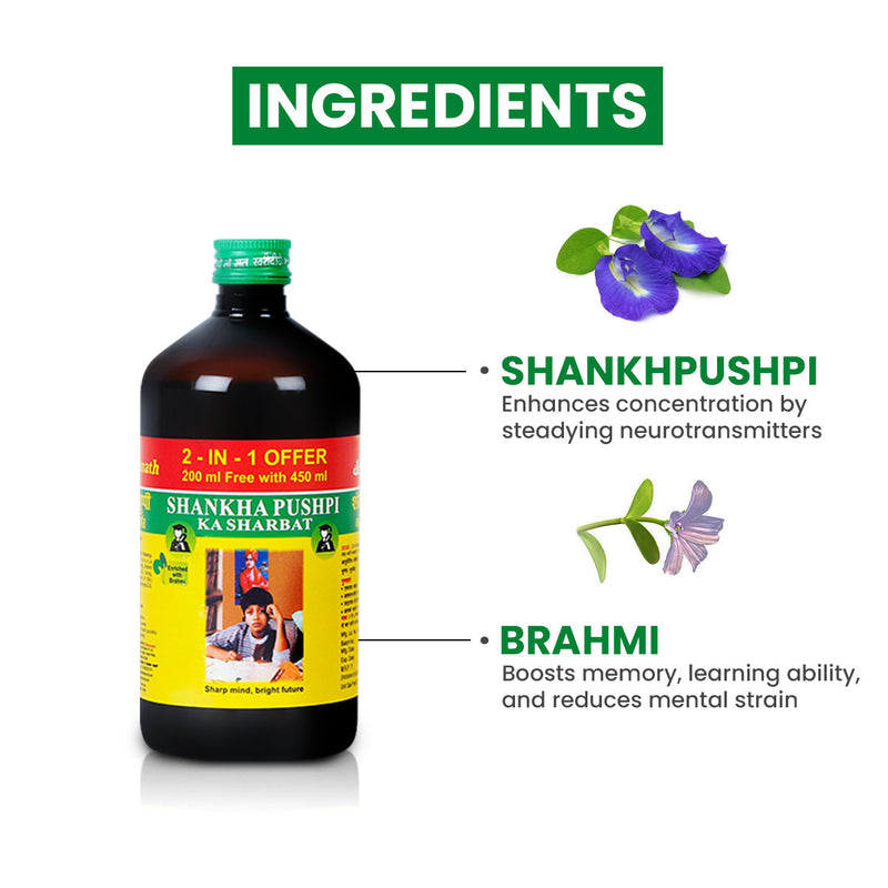 Baidyanath Shankha Pushpi Sharbat 450ml+200ml for Kids, Helps in Brain Concentration, Boost Memory & Learning Ability