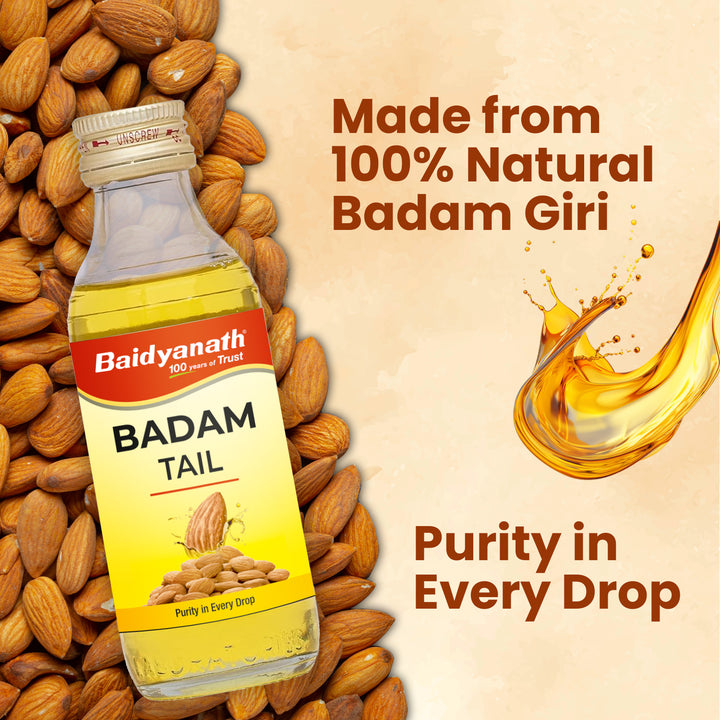 A Baidyanath Badam tail bottle placed on a bed of almonds, with the tagline highlighting 'Made from 100% natural Badam Giri'.
