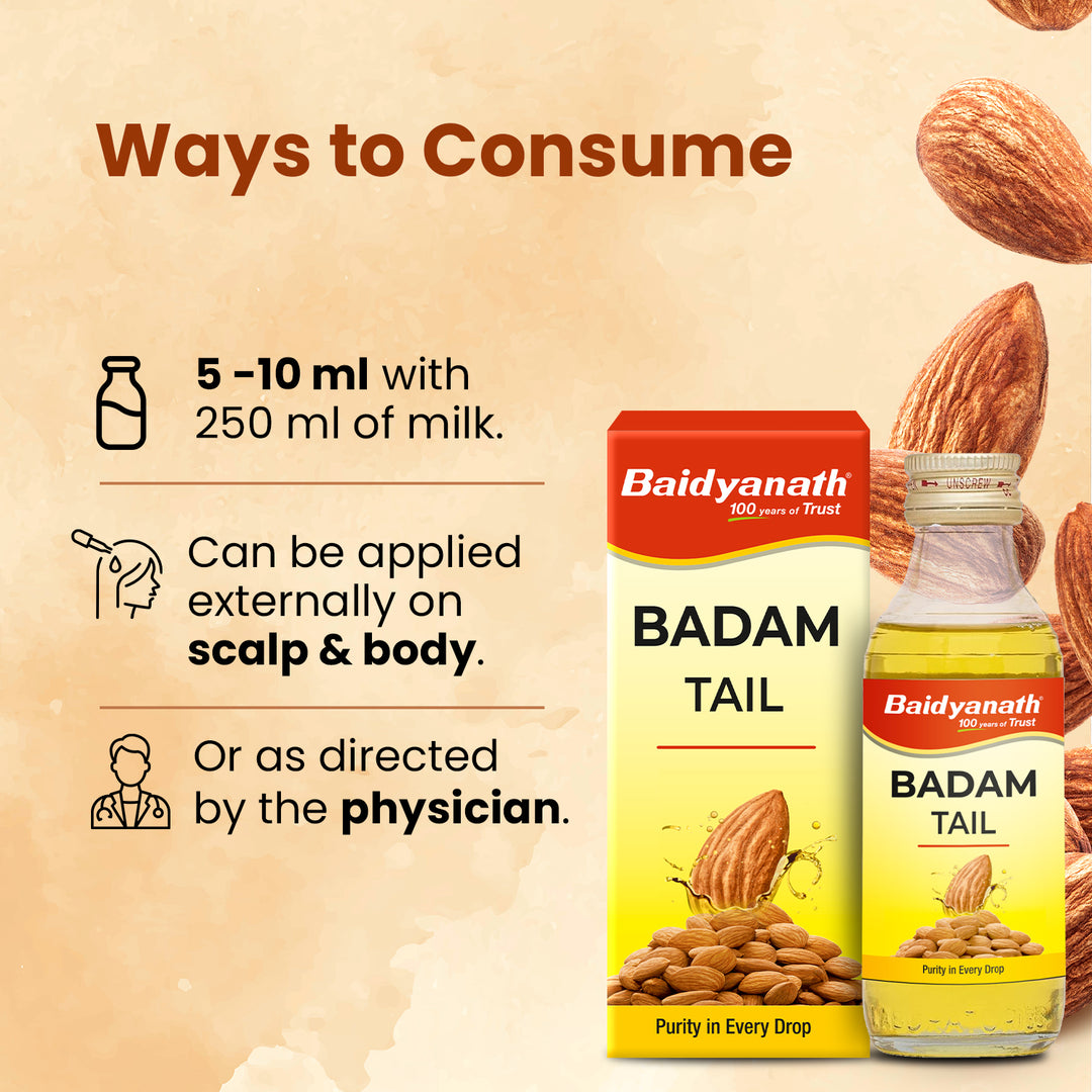 Baidyanath Badam tail box and bottle with the tagline highlighting 'Ways to consume' for optimal benefits.