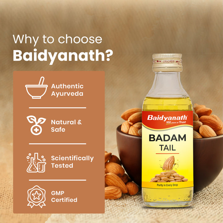 A bowl full of almonds placed behind the Baidyanath Badam Oil bottle, with the tagline highlighting 'Why choose Baidyanath?