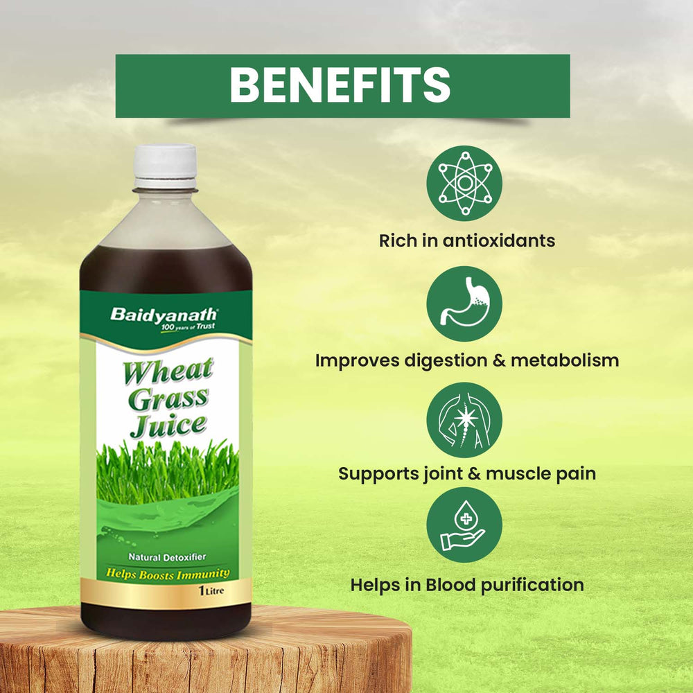 Baidyanath Wheat Grass Juice with benefits: antioxidants, digestion, metabolism, joint support & blood purification.