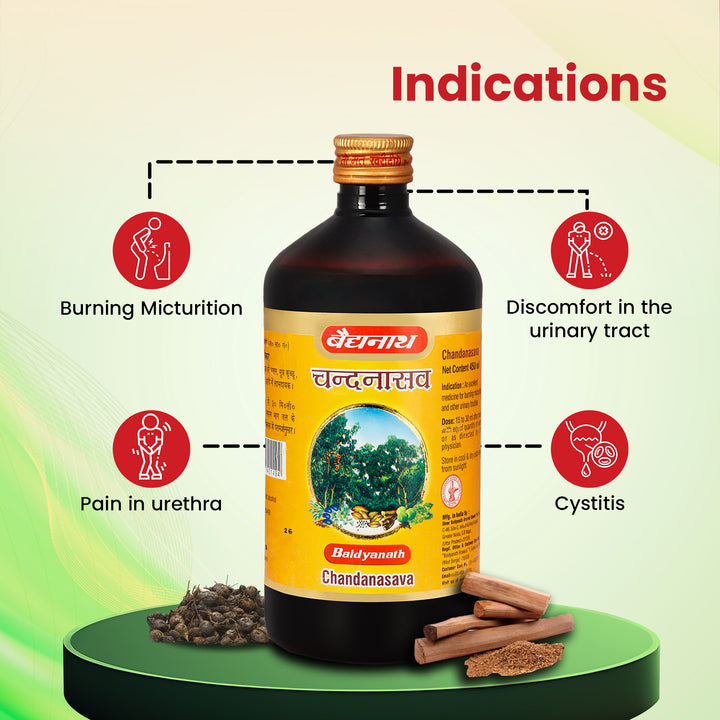 Baidyanath Chandanasava Ayurvedic syrup bottle highlighting its indications including burning micturition, urethral pain, urinary tract discomfort, and cystitis relief.