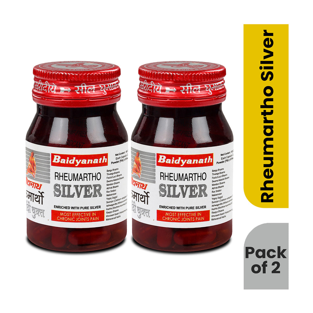 Two bottles of Baidyanath Rheumartho Silver on a white background