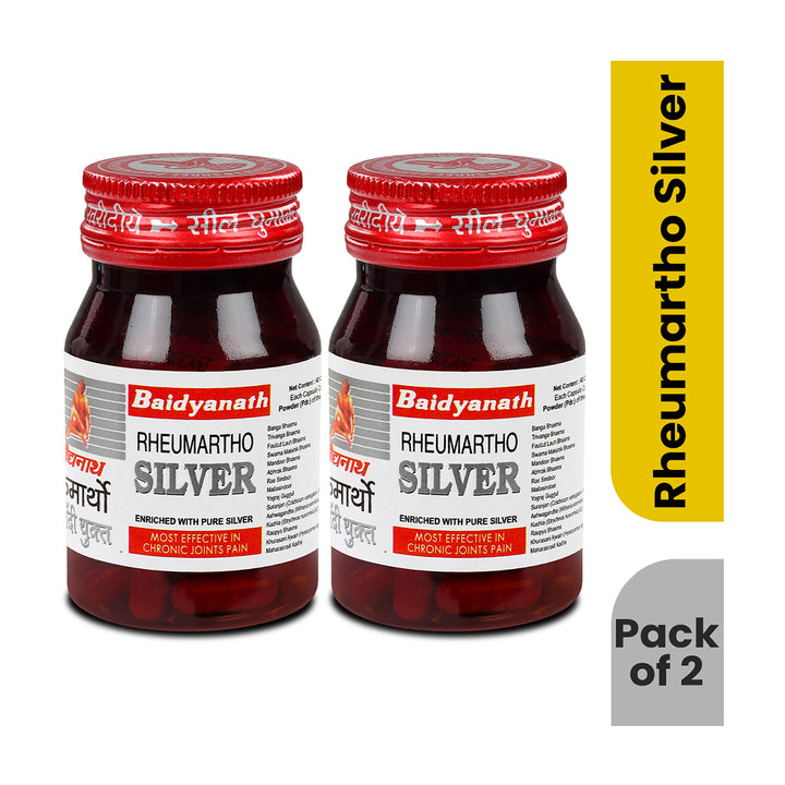 Two bottles of Baidyanath Rheumartho Silver on a white background