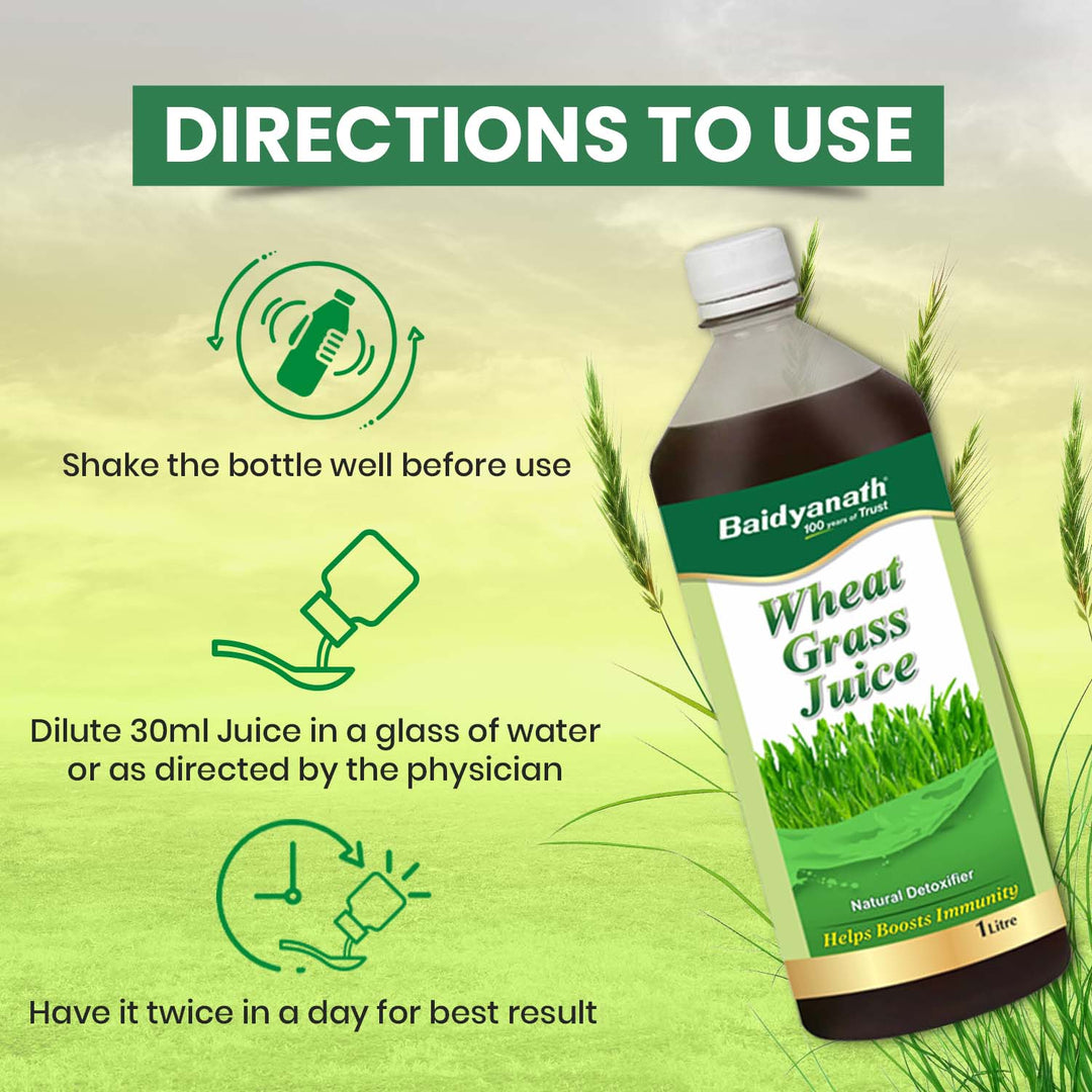Directions to use Baidyanath Wheat Grass Juice: shake well, mix 30ml with water, take twice daily for best results.
