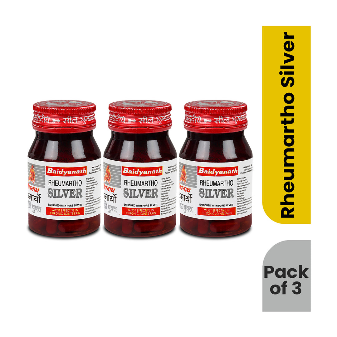 Three bottles of Baidyanath Rheumartho Silver on a white background with a yellow and gray label.