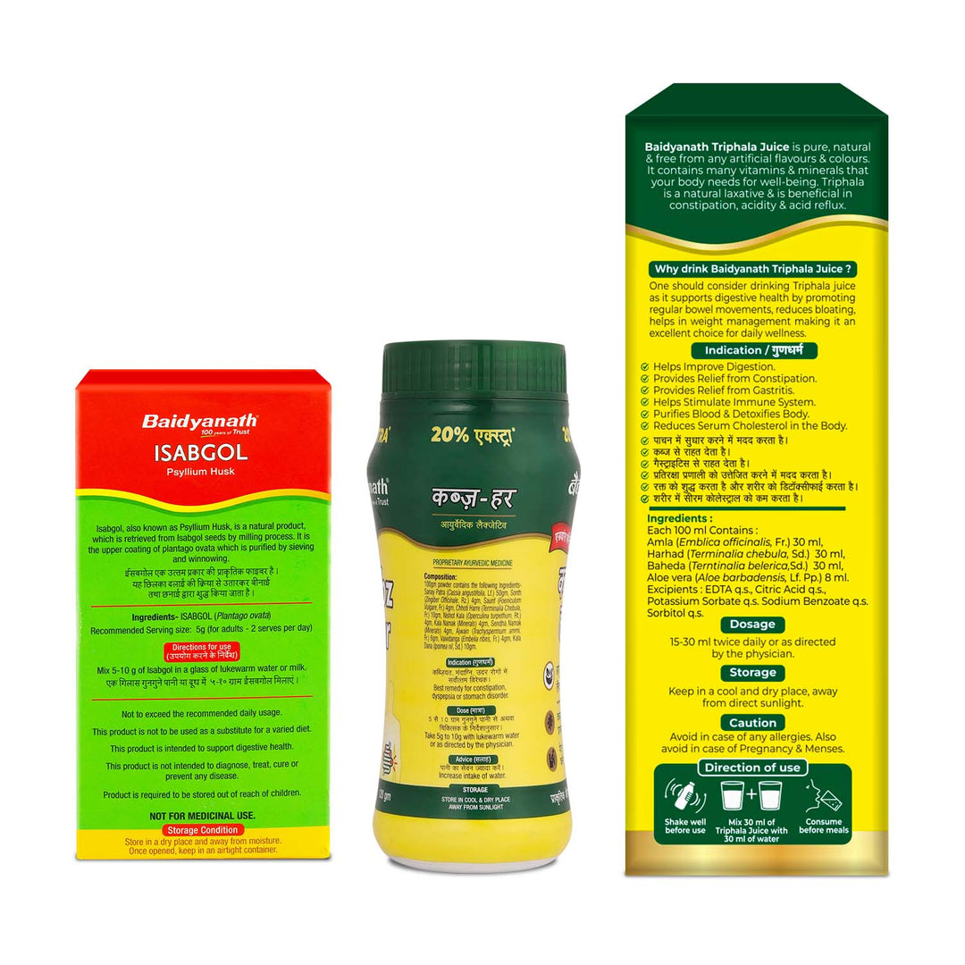Baidyanath Constipation Care Combo- Triphala juice 1 LT, Kabz har 100 GM, Isabgol 200 GM  (Pack of 3)