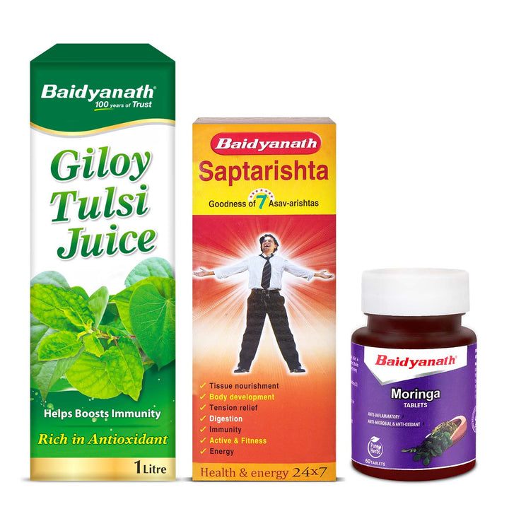 Baidyanath Immunity Booster Combo-Giloy Tulsi Juice1L, Moringa Tab 60 TB,Saptarishta 450 Ml  (Pack of 3)