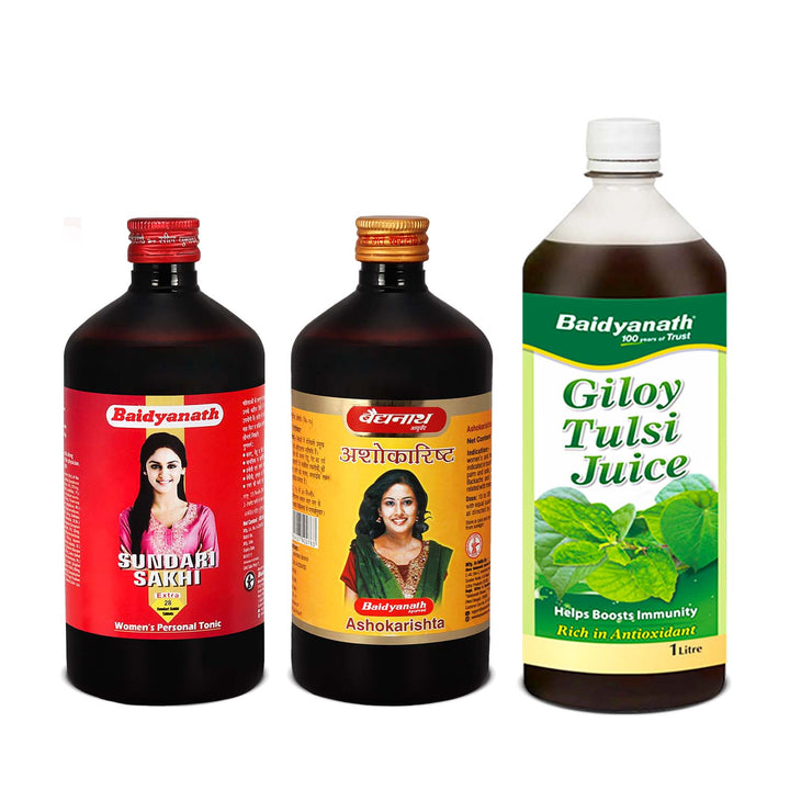 Baidyanath Menstrual Care Combo-Giloy Tulsi Juice1L, Ashokarishta450ML, Sundari Sakhi450ML  (Pack of 3)