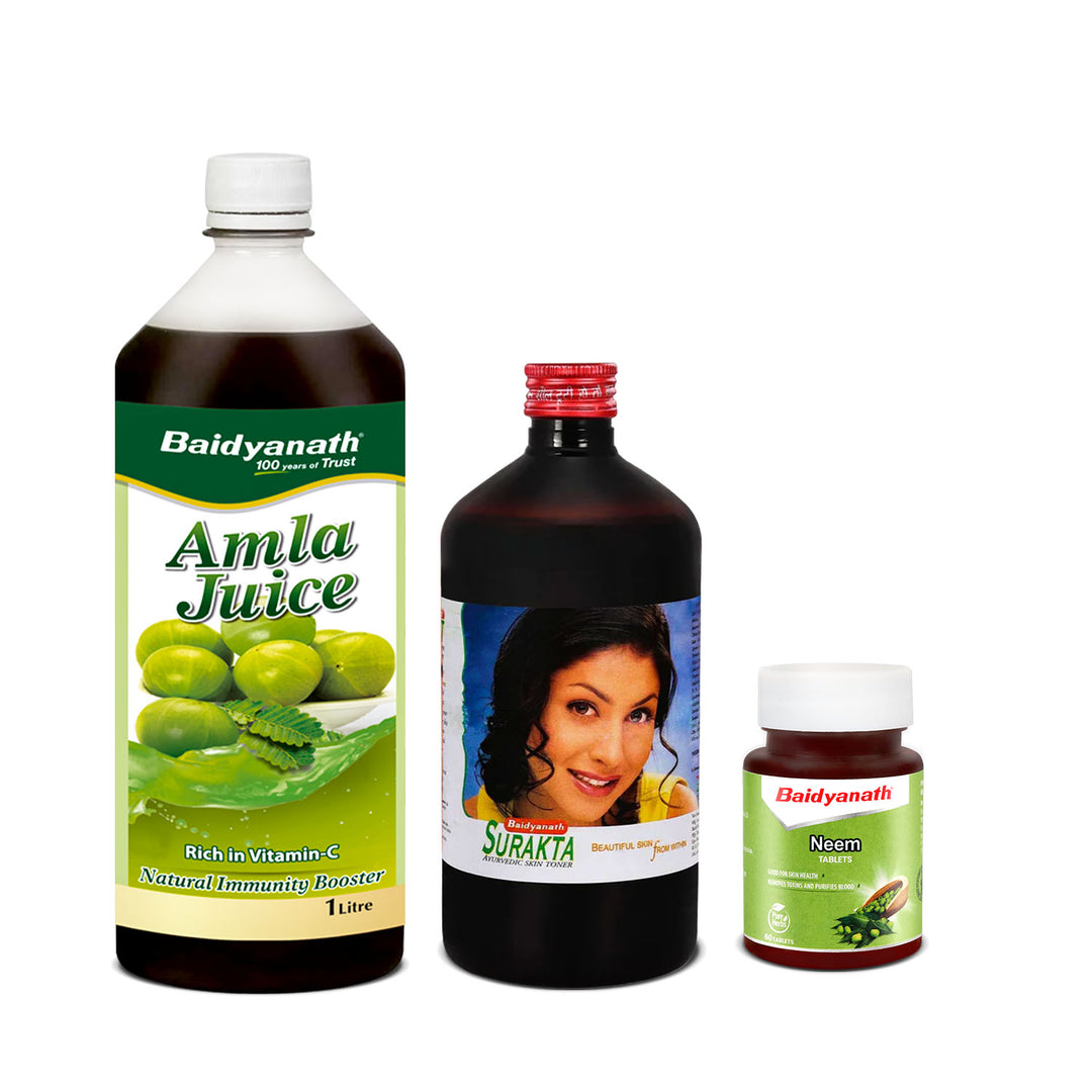 Baidyanath Skincare Combo - Amla Juice 1 litre | Neem Tablet 60 Tablets | Surakta 450 ml