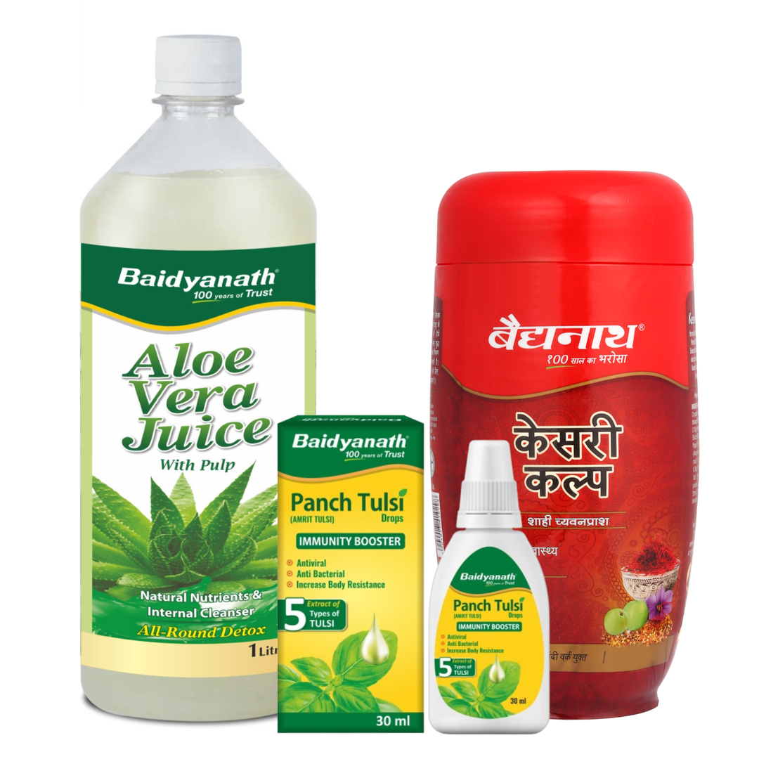 Baidyanath wellness products – Aloe Vera Juice, Panch Tulsi Drops, and Kesari Kalp Chyawanprash for immunity and detox.