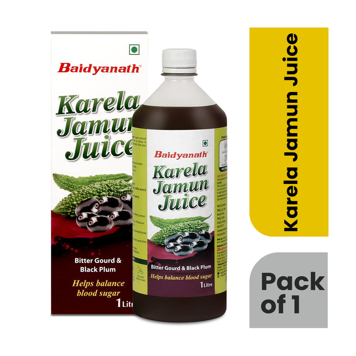 Baidyanath Karela Jamun Juice 1 Litre - Bitter Gourd & Black Plum Juice for Blood Sugar Balance, Pack of 1. Image features the product bottle and packaging with green and yellow label design.