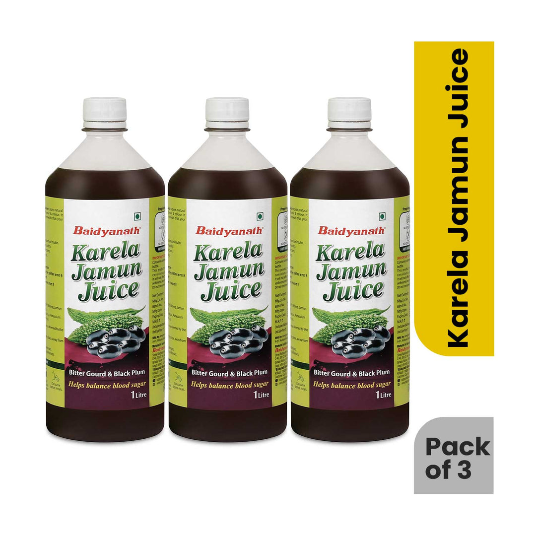 Pack of 3 Baidyanath Karela Jamun Juice bottles (1 litre each) - Bitter Gourd and Black Plum juice for balancing blood sugar.