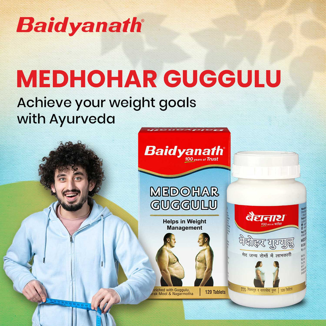 Baidyanath Medohar Guggulu – Achieve your weight goals with Ayurveda. The image showcases Baidyanath Medohar Guggulu in both box and bottle packaging. The product helps in weight management with natural ingredients like Guggulu, Kutki, and Triphala. A happy man measuring his waist suggests effective results from using the product.