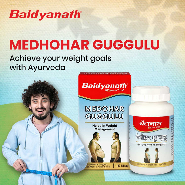 Baidyanath Medohar Guggulu – Achieve your weight goals with Ayurveda. The image showcases Baidyanath Medohar Guggulu in both box and bottle packaging. The product helps in weight management with natural ingredients like Guggulu, Kutki, and Triphala. A happy man measuring his waist suggests effective results from using the product.