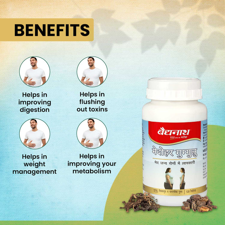 Baidyanath Medohar Guggulu Benefits - Helps in improving digestion, flushing out toxins, weight management, and boosting metabolism. Ayurvedic solution for maintaining a healthy digestive system and managing weight naturally. Bottle with herbs in the background.