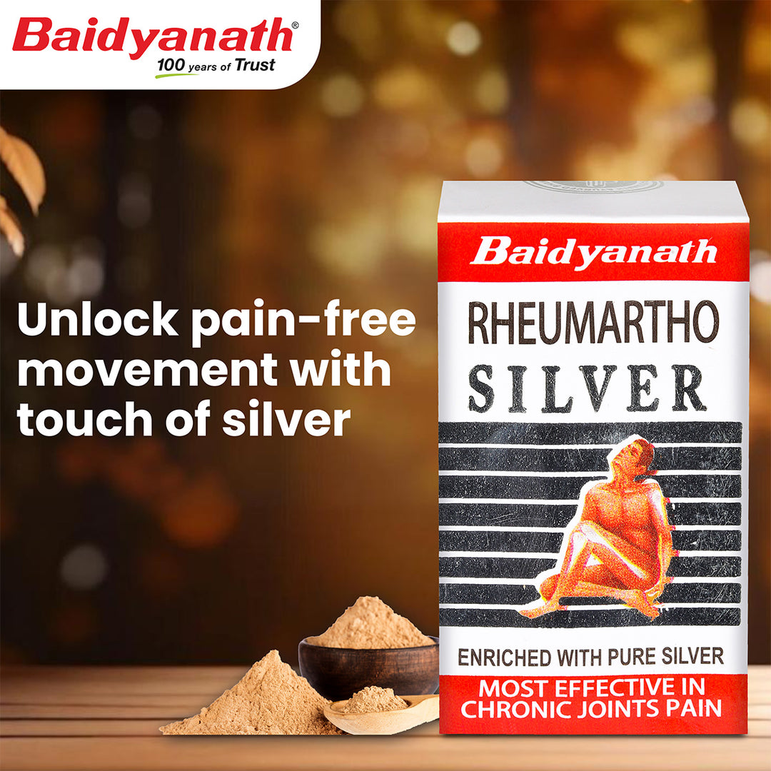 Baidyanath Rheumartho Silver packaging with text on pain relief and silver enrichment.