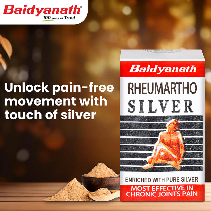 Baidyanath Rheumartho Silver packaging with text on pain relief and silver enrichment.