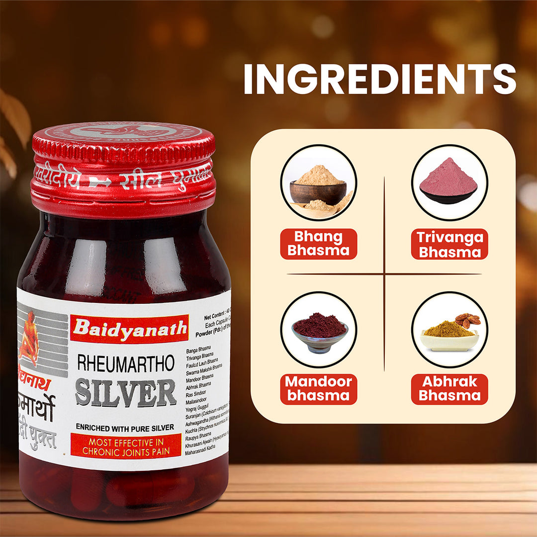 Baidyanath Rheumartho Silver bottle with ingredients listed on a wooden surface