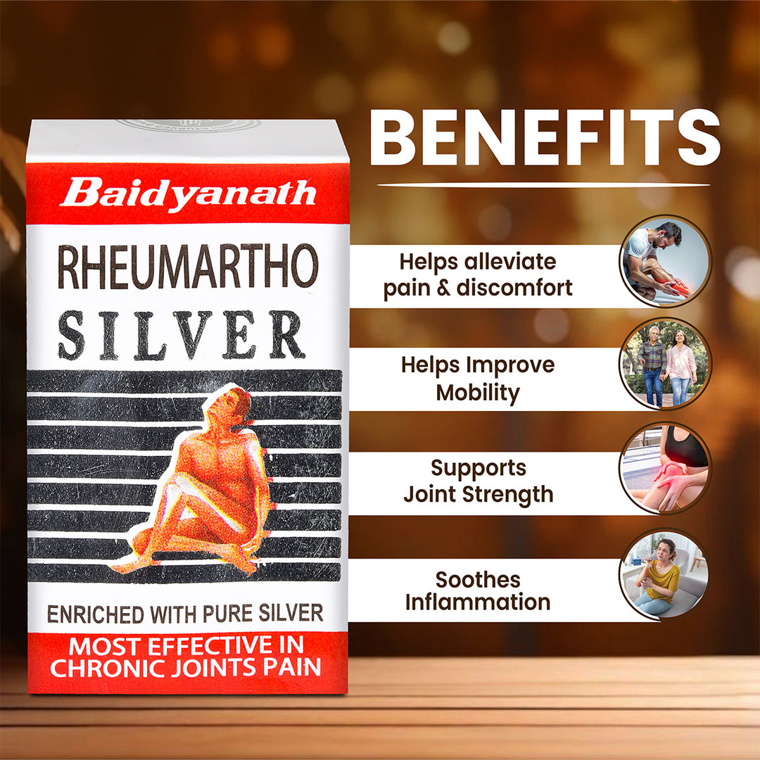 Baidyanath Rheumartho Silver packaging with benefits listed on a wooden surface.