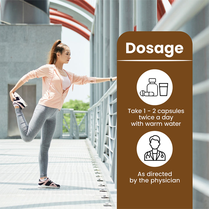 Woman stretching outdoors with a supplement dosage instruction panel.