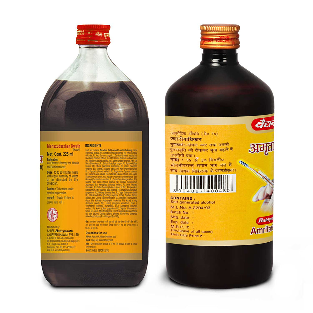 backside of Baidyanath Amritarishta and Mahasudarshan kwath bottles.
