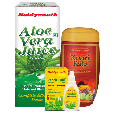Baidyanath Healthy Gift Pack Combo Aloe Vera Juice-1 Ltr | Kesari Kalp Chyawanprash 500 G | Panch Tulsi Drops 30 Ml