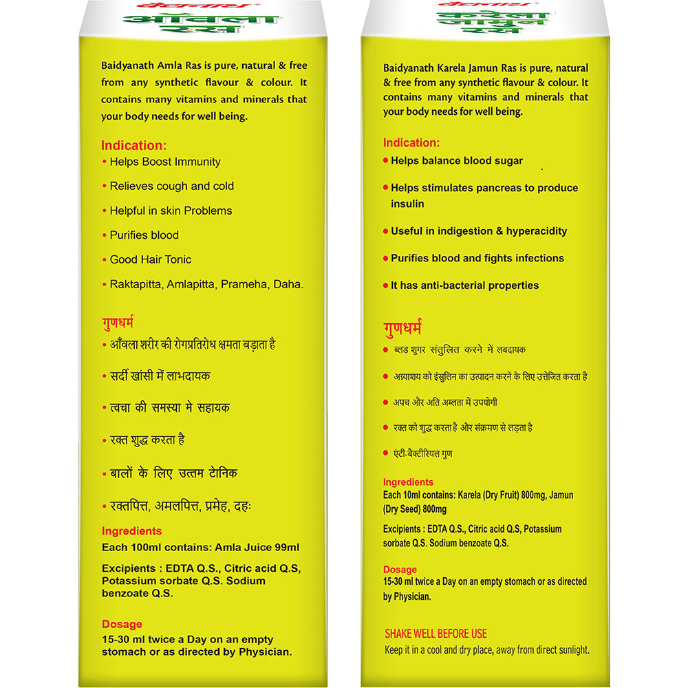 Baidyanath amla ras & karela jamun ras box back side.