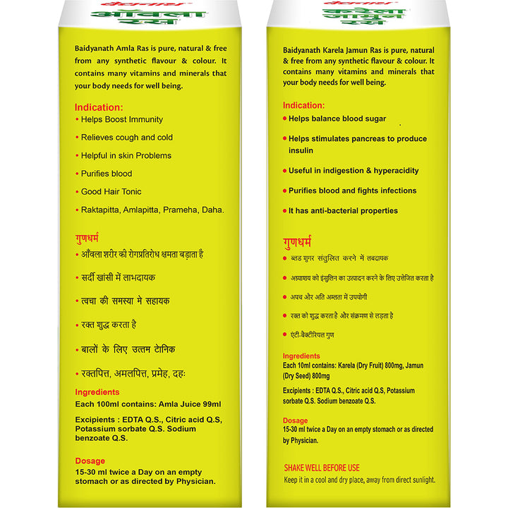 Baidyanath amla ras & karela jamun ras box back side.