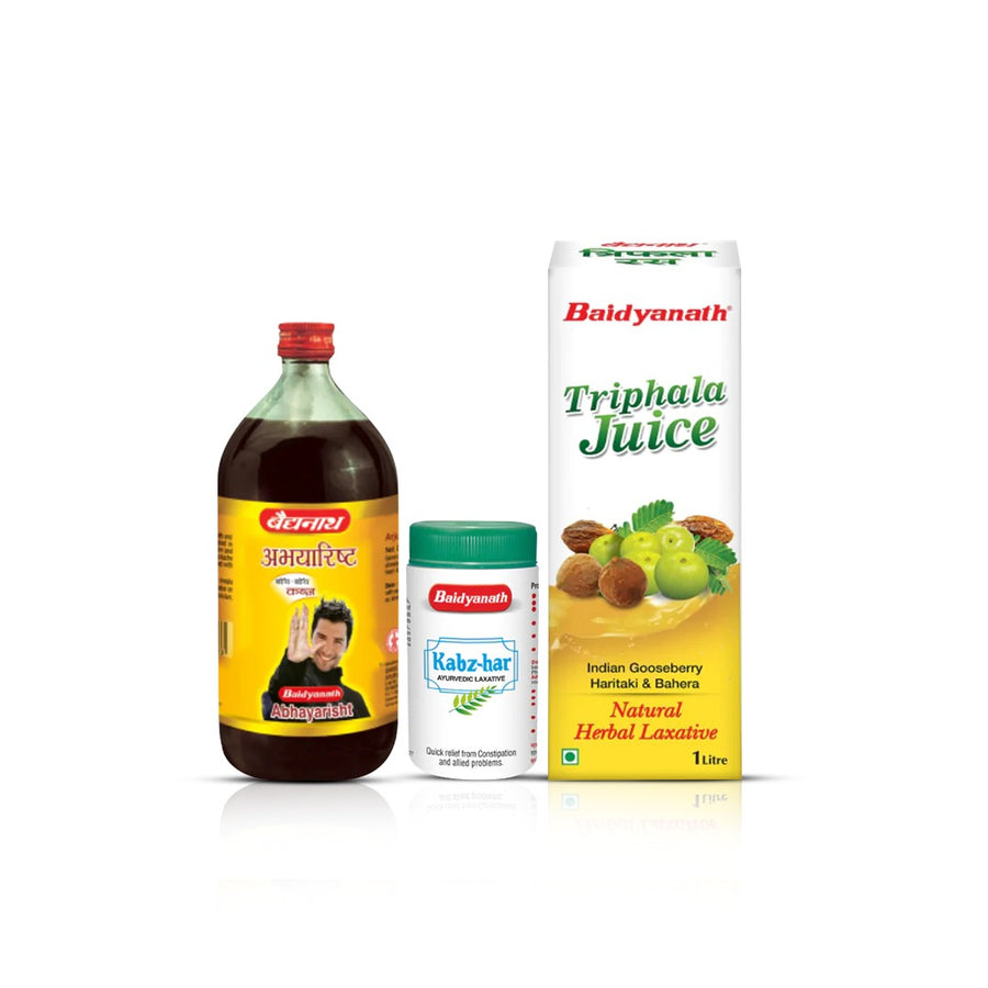 Baidyanath Abhayarisht bottle, kabz-har and triphala  juice box